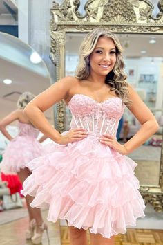 Product Name: Light Pink Ruffle Tiered A-Line Short Homecoming Dress with Appliques VK24081308 ● Silhouette: A-Line● Material: Tulle with Appliques● Neckline: Sweetheart● Lining: Fully lined● Bra: Built-in bra● Care Instructions: Dry-clean only Celebrate in style with the Light Pink Ruffle Tiered A-Line Short Homecoming Dress. This delightful dress features a playful tiered ruffle design and a soft light pink hue, perfect for a whimsical and feminine look. The A-line silhouette provides a flatte Pink Homecoming Dress Short, Mermaid Prom Dresses Sparkly, Homecoming Dresses Bodycon, Bodycon Dress Homecoming, Prom Dresses Sparkly, Dresses With Appliques, School Dance Dresses, Sparkly Prom Dresses, Short Homecoming Dresses