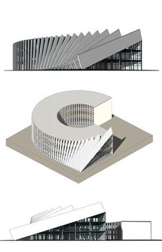 three different views of a building that is white and grey with black lines on the side