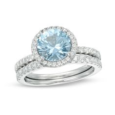 For your modern bride-to-be, this confident bridal set celebrates your exciting romance. Crafted in sterling silver, the dazzling engagement ring features an 8.0mm lab-created icy-blue aquamarine wrapped in a frame of shimmering white topaz. Additional topaz glisten along the shank. On your wedding day, complete her look with the coordinating topaz-lined band. Polished to a bright shine, this bridal set is made to sparkle as long as your forever love. Custom-made to fit her ring size. Sterling s Her Ring, Aquamarine Stone, Icy Blue, Topaz Stone, Aquamarine Blue, Bridal Set, Modern Bride, Forever Love, Bridal Sets