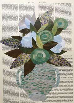 an altered photograph of flowers in a vase on top of a book page with words