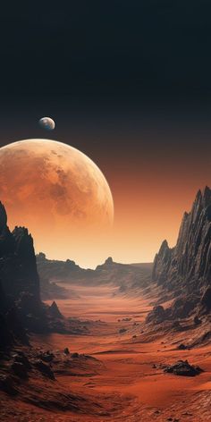 an artist's rendering of two distant planets in the distance with mountains and rocks