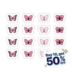 pink butterfly stickers on white background with 50 % off sale sign in the middle