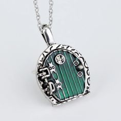 Silver Hobbit Hole, Lord Of The Rings Pendant Locket Necklace - Green Door Green Jewelry With Silver Chain As Gift, Pendant Locket, Hobbit Hole, Green Door, Necklace Green, Hair Clothes, Door Color, Metal Clay, Green Necklace