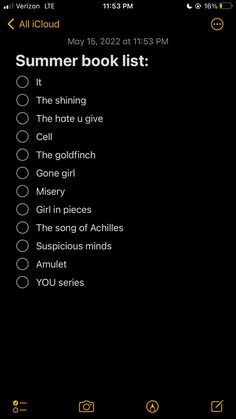 an iphone screen with the text'summer book list'in black and yellow on it