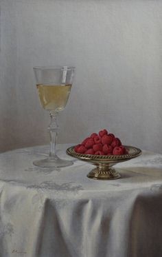 a painting of raspberries on a plate with a glass of wine next to it