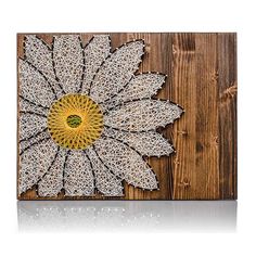 a white and yellow flower is on a wood paneled background with the words string art written below it