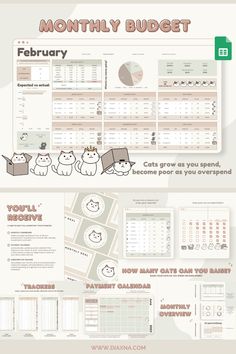 an info sheet with cats on it and the words, monthly budget written below