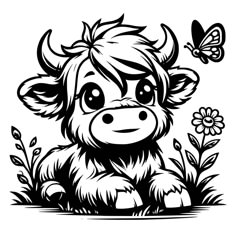 a black and white drawing of a cow sitting in the grass with a butterfly flying over it