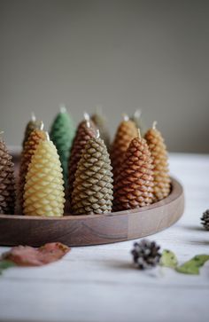 small pine cones are arranged in a wooden bowl