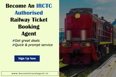 a red train traveling down train tracks next to a loading platform with the words become an irtc authorized railway ticket booking agent