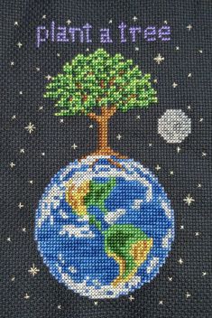 a cross stitch pattern with the earth and tree on it that says, plant a tree