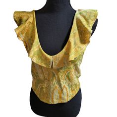 Zara Paisley Ruffle Top Yellow/Green Sz L Nwt 026 Zara Vintage Fitted Tops, Zara Green Ruffled Top, Green Ruffled Zara Top, Vintage Green Tops With Ruffles, Fitted Zara Top With Ruffles, Fitted Zara Tops With Ruffles, Yellow Zara Tops With Ruffles, Zara Yellow Ruffled Tops, Yellow Ruffled Zara Tops