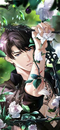 an anime character with flowers on his arm and the cover of magazine, flower season