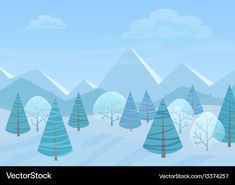 a snowy landscape with trees and mountains in the background, illustration drawing by vectofstock