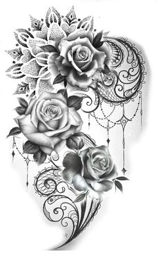 a black and white drawing of three roses on a white background with an intricate design