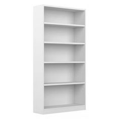 a white bookcase with three shelves on each side