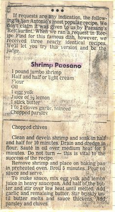 an old newspaper article with some writing on the front and back pages, including information about shrimp prosano