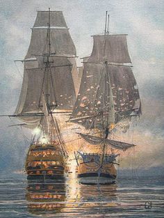 a painting of two ships in the ocean