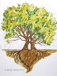 a drawing of a tree in the rain