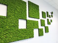 a wall covered in green grass with squares and rectangles cut into it's sides