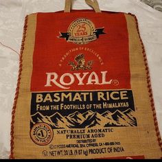 a red bag with the label royal basmati rice from the foothills of the himalayans