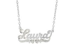 "Personalize this Rhodium Beaded Name Necklace \"Laura\" with the name of your choice! And is custom made by hand and polished from 14K Gold Over Sterling Silver plate. Rhodium plating on the first letter and the tail of this Name Plate. The Name Plate comes with an 18\" Silver Link chain and a max Personalization of 10 Characters; 1 or 2 of the letters may be capitalized. Measures approximately: 1.44\" X 0.69\". More Styles From Our Shop ♥️ https://www.etsy.com/shop/PersnlzdJewelryMfg Name Neck Customizable Silver Name Necklace For Anniversary, Silver Heart-shaped Custom Name Necklace, Silver Heart Shaped Custom Name Necklace, White Gold Nameplate Jewelry With Names, Custom Name Heart-shaped Silver Necklace, Customized White Gold Necklace For Anniversary, Silver Customizable Nameplate Necklace, Custom Name Necklace In White Gold For Anniversary, Custom White Gold Necklace With Name For Anniversary