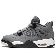 Dressed in Cool Grey, Chrome and Dark Charcoal, the Air Jordan 4 Retro "Cool Grey" gives the iconic silhouette a street-ready makeover. A nubuck upper mixed with mesh material sits atop a black-and-white sole infused with Air cushioning. At the rear, a metallic Jumpman logo finishes the design. Now available in children's sizes. (AJ4/SNKR/Mid Top/Basketball) Jordan 4 Retro Cool Grey, Jordan 4 Cool Grey, Flight Logo, Futuristic Shoes, Rare Sneakers, Nike Jordan Retro, Sneakers Vans, Jordan 8, Jordan 7