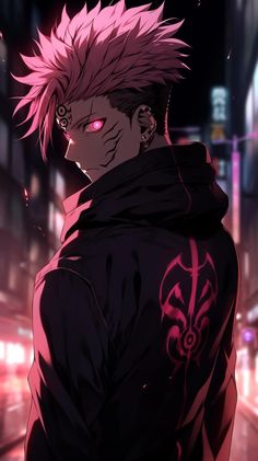 an anime character with pink hair standing in the middle of a city street at night