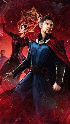 the doctor strange and his companion are standing in front of a red background