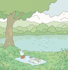 an image of a picnic on the grass near a tree and water in the background