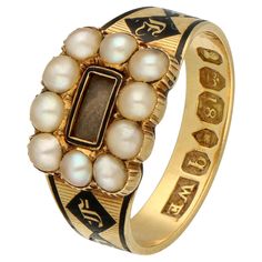 An exquisite relic of the past, this antique 18K gold memorial ring from 1831 with pearls and black enamel is a testament to the elegance and sentimentality of bygone eras. Crafted with meticulous care and attention to detail, this ring exudes both historical charm and timeless beauty. Designed with intricate black enameled motifs and the initials of the beloved departed, the surface of the ring tells a story of remembrance and reverence. Each curve and flourish speaks volumes, capturing the ess Luxury Victorian Black Ring, Victorian Gold Enamel Ceremonial Ring, Victorian 14k Gold Rings With Black Enamel, Victorian Style 14k Yellow Gold Pearl Ring, Victorian Yellow Gold Enamel Ring, Ring With Pearls, Memorial Ring, Behind The Glass, In Memoriam