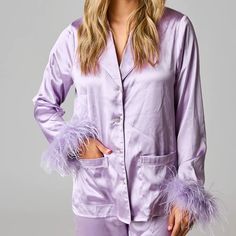 Gorgeous Set For Either Sleeping Or Going Out. Dress It Up Or Dress It Down! Very Charming. Boho Loungewear, Feather Cuffs, Nadine Merabi, Heading Fonts, Tie Waist Pants, Purple Feather, Silk Pajama Set, Feather Trim, Silk Pajamas