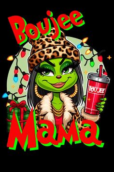 an image of a woman holding a drink and wearing a leopard print hat with the words bougie mama on it