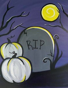 an acrylic painting of two pumpkins in front of a tombstone