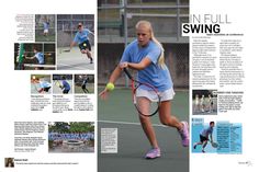 an article in the tennis magazine features photos of people playing tennis and other sports related items