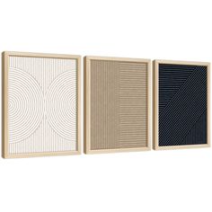 three panels with different designs on them, one in beige and the other in blue