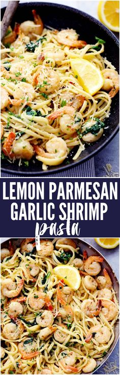 lemon parmesan garlic shrimp pasta in a skillet with the title above it