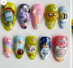 Adventure Time Nails, Pretty Gel Nails, Really Cute Nails, Unique Acrylic Nails, Cool Nails, Bling Acrylic Nails, Kawaii Nails, Nails Desing, Fire Nails