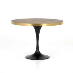 an oval table with gold trim on the top and black base, against a white background