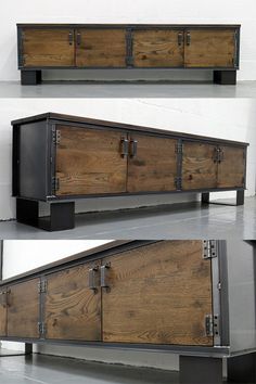 the sideboard is made out of wood and metal