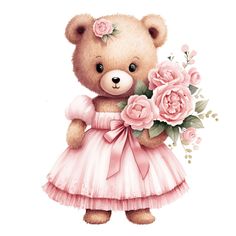 a brown teddy bear wearing a pink dress and holding a bouquet of flowers in its paws