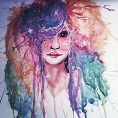 a watercolor painting of a woman with long hair and dreadlocks on her head