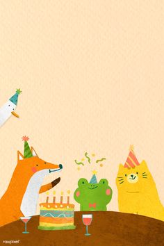 an animal birthday card with two animals and a cake in front of the party hat