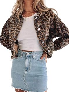 Justalwart Denim Jacket for Women Leopard Print Retro Shape Button-up Front Bomber Jacket at Amazon Women's Coats Shop Grunge Style Outfits, Fall Mini Skirt, Chloë Sevigny, Wedding Simple, Chloe Sevigny, Blue Denim Skirt, Dresses Outfits, Elle Fanning, Skirt Outfit