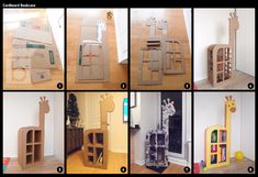 several pictures of cardboard animals and giraffes in various stages of construction, including building