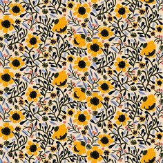 a yellow and black floral pattern on a white background