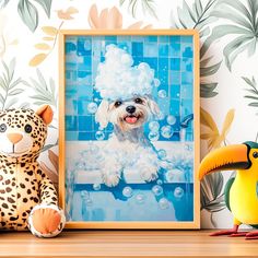 a stuffed animal next to a framed photograph of a dog in a bathtub with bubbles