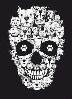 a black and white skull with lots of cats on it