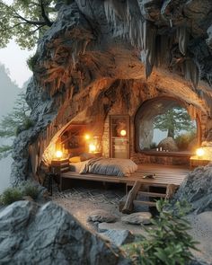 a bedroom in the shape of a cave