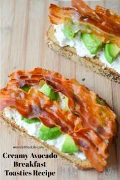 two pieces of bread with bacon and avocado on them